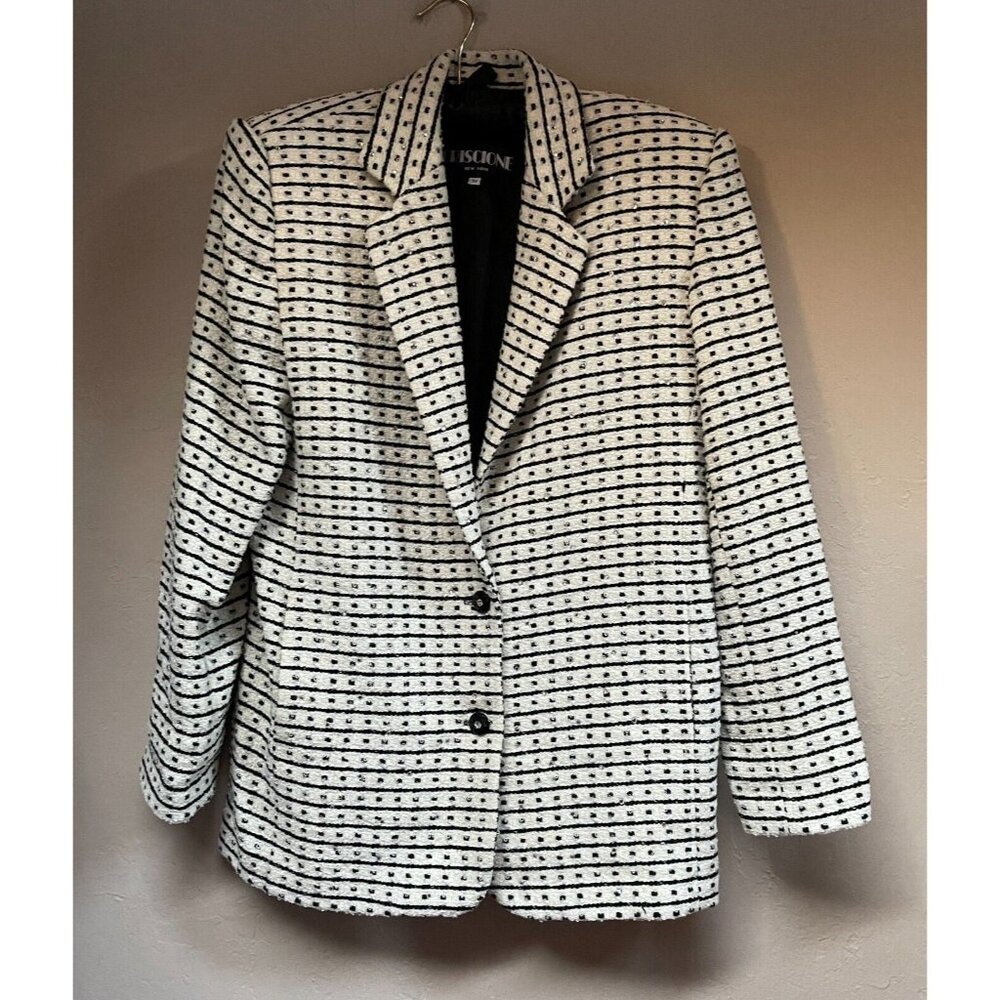 Vintage Criscione Womens Medium Wool Blend Cream Black  Knit Two-Button Blazer